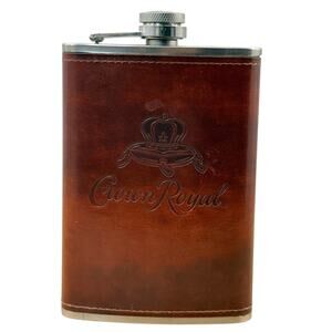 Vintage Crown Royal Leather Wrapped Flask Stainless Steel 6oz